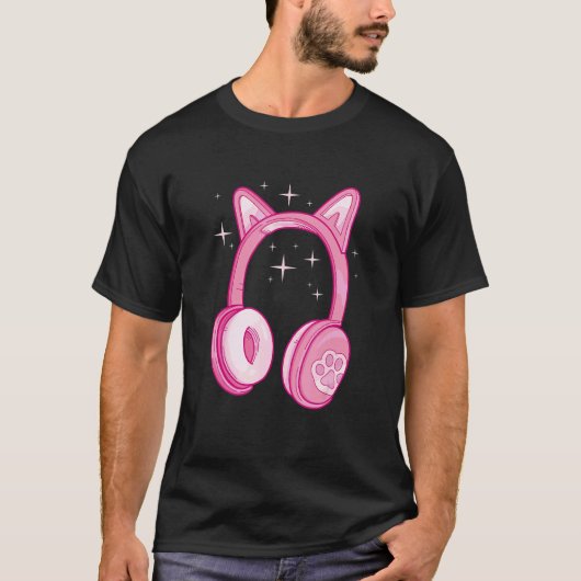 ゲーマー猫ヘッドホンゲーマーコンピュータ Tシャツ (正面)