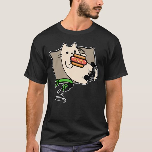 ゲーマー猫食べのホットドッグゲームのロード Tシャツ (正面)