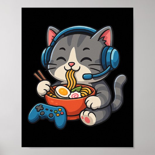 ゲーマー猫 ラーメンを食べる - ゲーミング好き コンソールゲーム ポスター (正面)