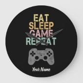 ゲーマー食べのスリープゲームリピートことわざギフト ラージ壁時計 (正面)