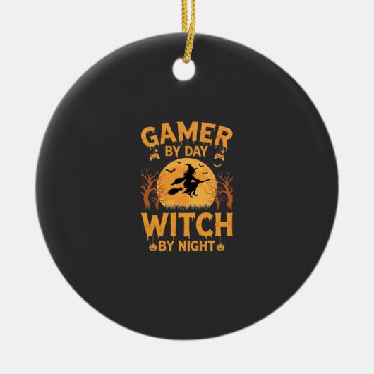ゲーマー魔女ハロウィンゲームデザイン セラミックオーナメント (正面)