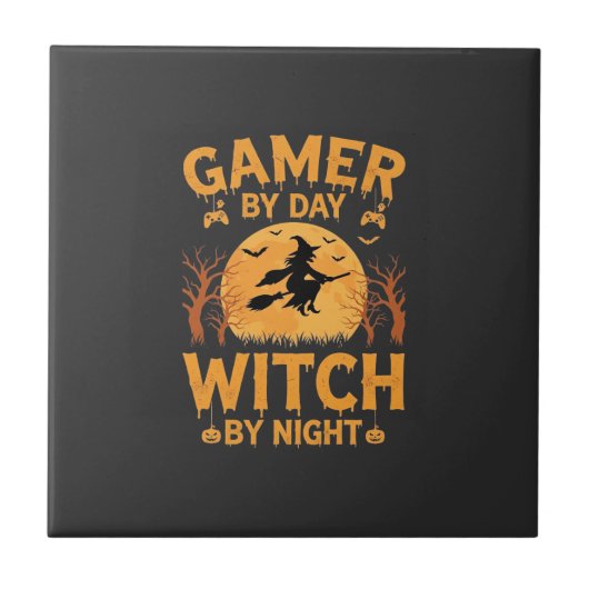 ゲーマー魔女ハロウィンゲームデザイン タイル (正面)