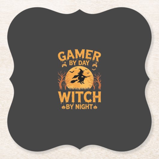 ゲーマー魔女ハロウィンゲームデザイン ペーパーコースター (正面)