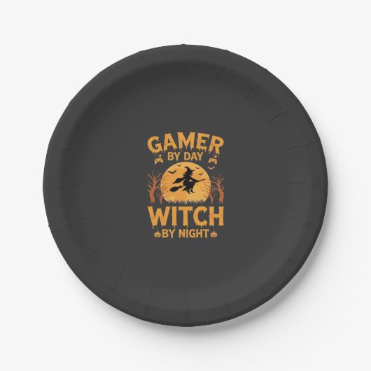 ゲーマー魔女ハロウィンゲームデザイン ペーパープレート (正面)
