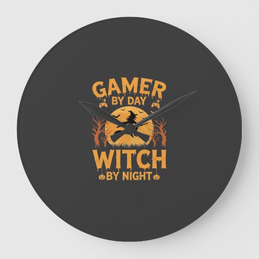 ゲーマー魔女ハロウィンゲームデザイン ラージ壁時計 (正面)