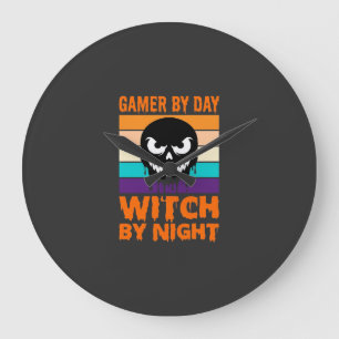 ゲーマー魔女ハロウィンリトロスカル ラージ壁時計