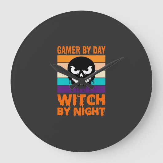 ゲーマー魔女ハロウィンリトロスカル ラージ壁時計 (正面)