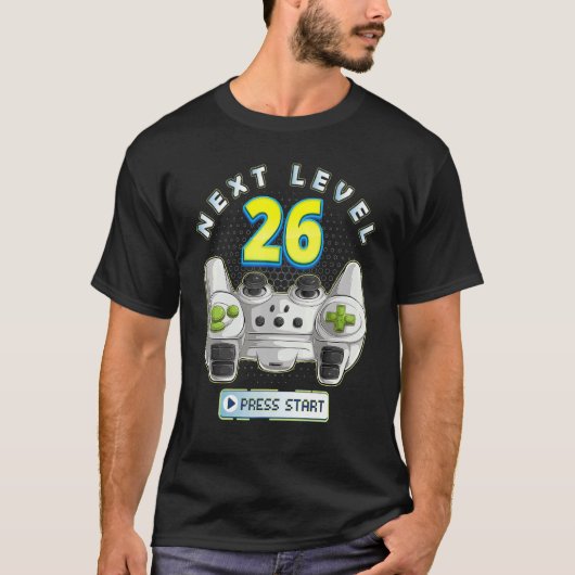 ゲーマー26誕生日次レベル26ゲームコントローラー Tシャツ (正面)