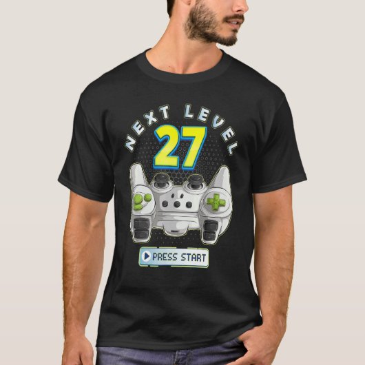 ゲーマー27誕生日次レベル27ゲームコントローラー Tシャツ (正面)