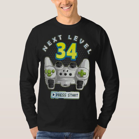 ゲーマー34誕生日次レベル34ゲームコントローラー Tシャツ (正面)