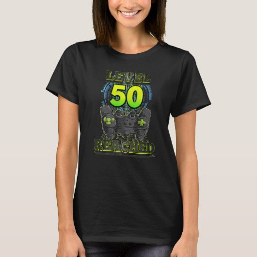 ゲーマー50誕生日レベル50ゲーム男性に到達 Tシャツ (正面)