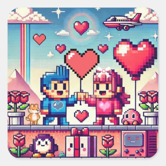 ゲーマー8ビットバレンタインデー スクエアシール (正面)