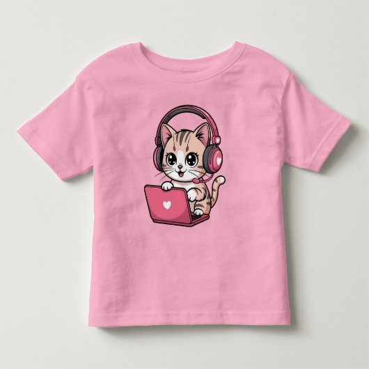 ゲーマー ガール 猫 ゲーミング かわいい トドラーTシャツ (正面)
