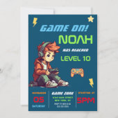 ゲーマー ボーイ ブルー ビデオ ゲーム バースデー 招待状 (正面)