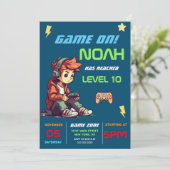ゲーマー ボーイ ブルー ビデオ ゲーム バースデー 招待状 (スタンド正面)