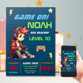 ゲーマー ボーイ ブルー ビデオ ゲーム バースデー 招待状