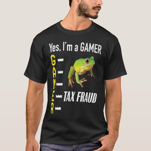 ゲーマー・ミーム 租税詐欺 カエル わけわからん スペックあり Tシャツ (正面)