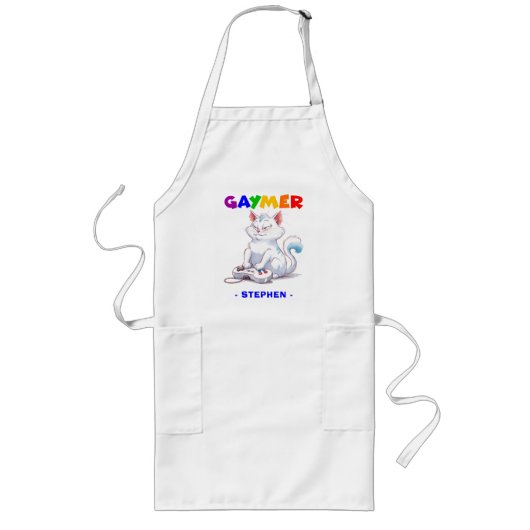 ゲーマー – Rainbow Gaming Cat with Console | LGBTQ ロングエプロン (正面)