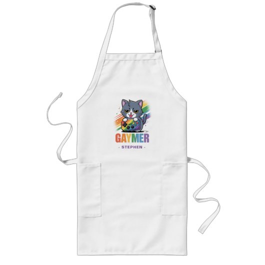 ゲーマー – Rainbow Gaming Cat with Console | LGBTQ 2 ロングエプロン (正面)