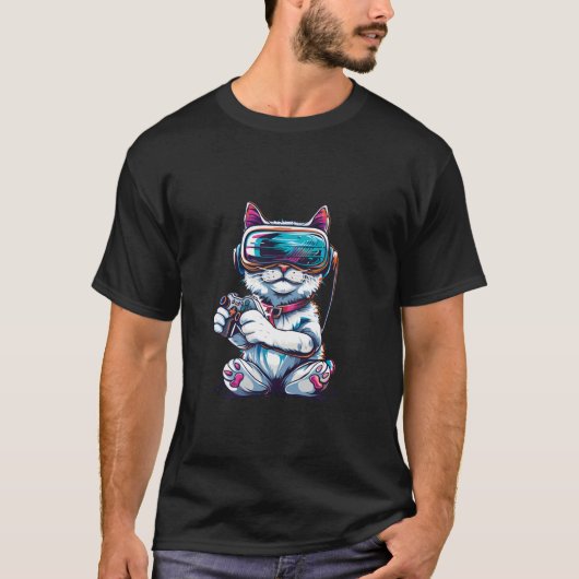 ゲーミングアニマル - コンソールビデオゲームをする猫 Tシャツ (正面)