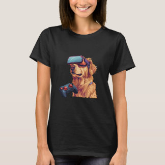 ゲーミングアニマル ゴールデンレトリバー ゲーム機で遊ぶV Tシャツ