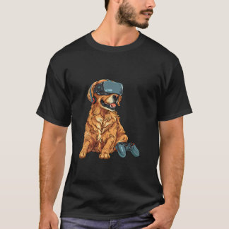 ゲーミングアニマル ゴールデンレトリバー ゲーム機で遊ぶV Tシャツ