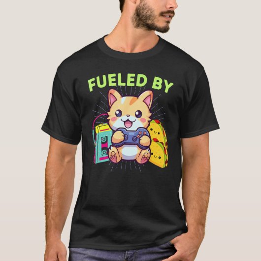 ゲーミングキャットとタコスと80年代ゲーマーに支えられたユーモア溢れる日々 Tシャツ (正面)