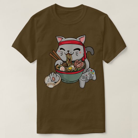 ゲーミングキャット食べラーメン麺おもしろい子猫ラーメンF Tシャツ (デザイン正面)