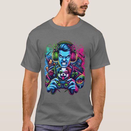 ゲーミングコパイロット - 愛犬家ゲーマーアート Tシャツ (正面)