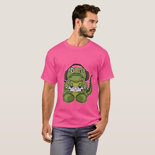 ゲーミングコントローラーを持つワニ I 笑えるゲーミング I  Tシャツ (正面フル)