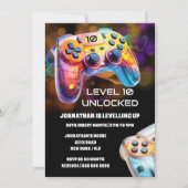 ゲーミングコントローラーオレンジ色の黒ネオンゲーマーパーティー 招待状 (正面)