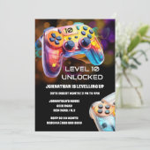 ゲーミングコントローラーオレンジ色の黒ネオンゲーマーパーティー 招待状 (スタンド正面)