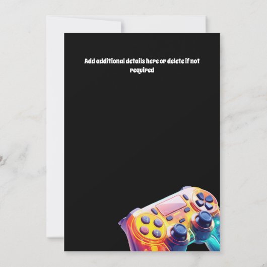 ゲーミングコントローラーオレンジ色の黒ネオンゲーマーパーティー 招待状 (裏面)