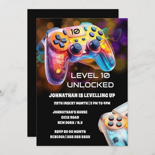 ゲーミングコントローラーオレンジ色の黒ネオンゲーマーパーティー 招待状 (正面/裏面)