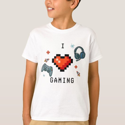 ゲーミングピクセルハート子供用ゲーマー Tシャツ (正面)