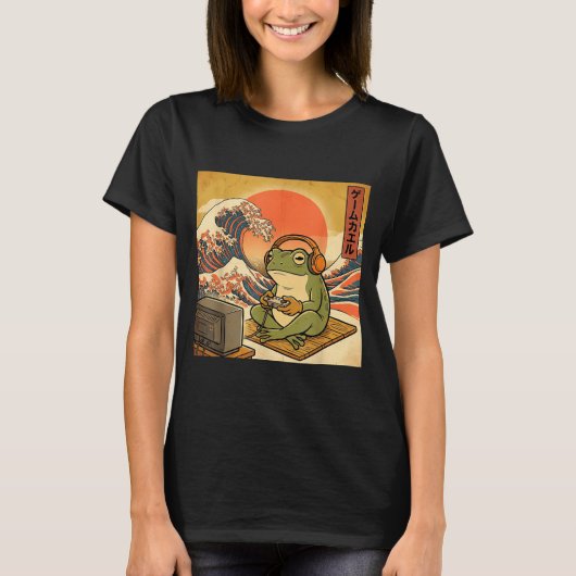 ゲーミングフロッグアート浮世絵日本ゲーマーアニメ男子W Tシャツ (正面)