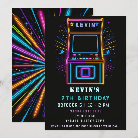 ゲーミング・ファン・ネオン・グロウ・アーケード・バースデー 招待状 (正面/裏面)