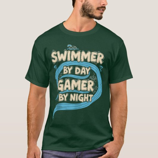 ゲーミング 引用 泳ぐ ユーモア 水泳選手 日中ゲーマー b tシャツ (正面)