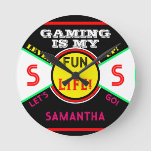 ゲームおもしろいライフルーム名ブラックイエローピンク ラウンド壁時計