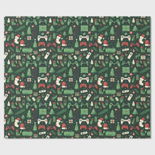 ゲームとゲームをテーマにしたグリーンクリスマス ラッピングペーパー (フラット)