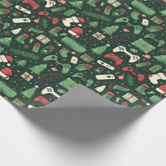 ゲームとゲームをテーマにしたグリーンクリスマス ラッピングペーパー (角)