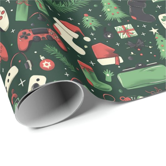 ゲームとゲームをテーマにしたグリーンクリスマス ラッピングペーパー (ロールコーナー)