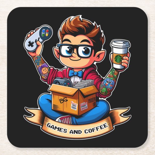 ゲームとコーヒーギーク スクエアペーパーコースター (正面)