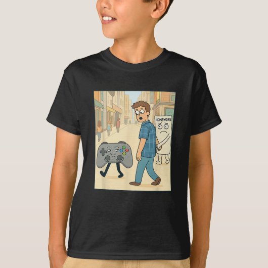 ゲームに夢中で宿題を先延ばしにする おもしろゲーマー Tシャツ (正面)