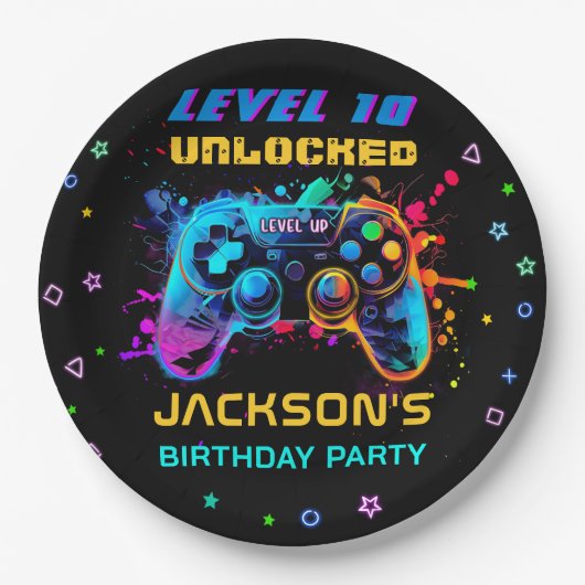 ゲームのビデオゲームレベルアップ誕生日パーティー ペーパープレート (正面)