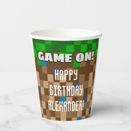 ゲームのピクセル化された草ブロックゲーム誕生日スクア 紙コップ (裏面)