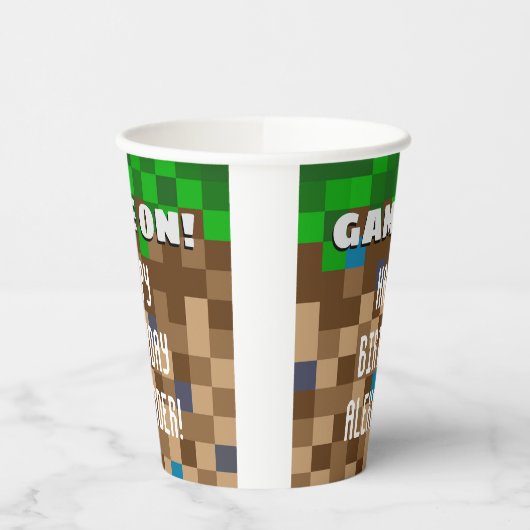 ゲームのピクセル化された草ブロックゲーム誕生日スクア 紙コップ (左)