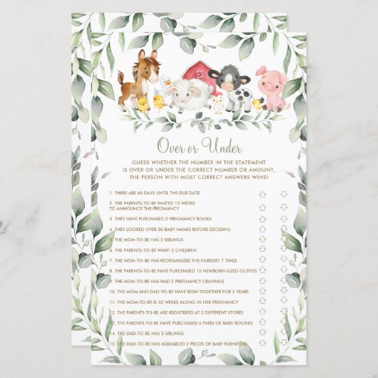 ゲームの上または下でシックな農場動物の赤ちゃんシャワー (正面/裏面)