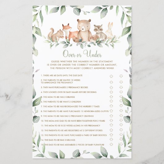 ゲームの上または下のウッドランド動物の緑のシャワー (正面)