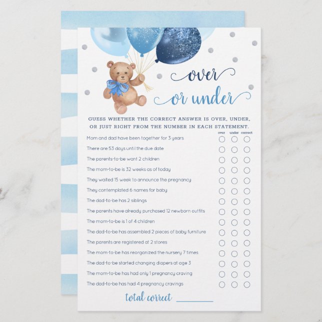 ゲームの上または下を推測ベビーシャワーテディベア (正面/裏面)
